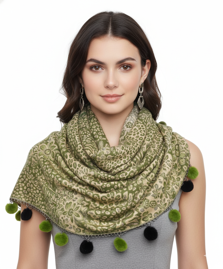 Retro Floral Animal Print Pashmina with Faux Fur Poms
