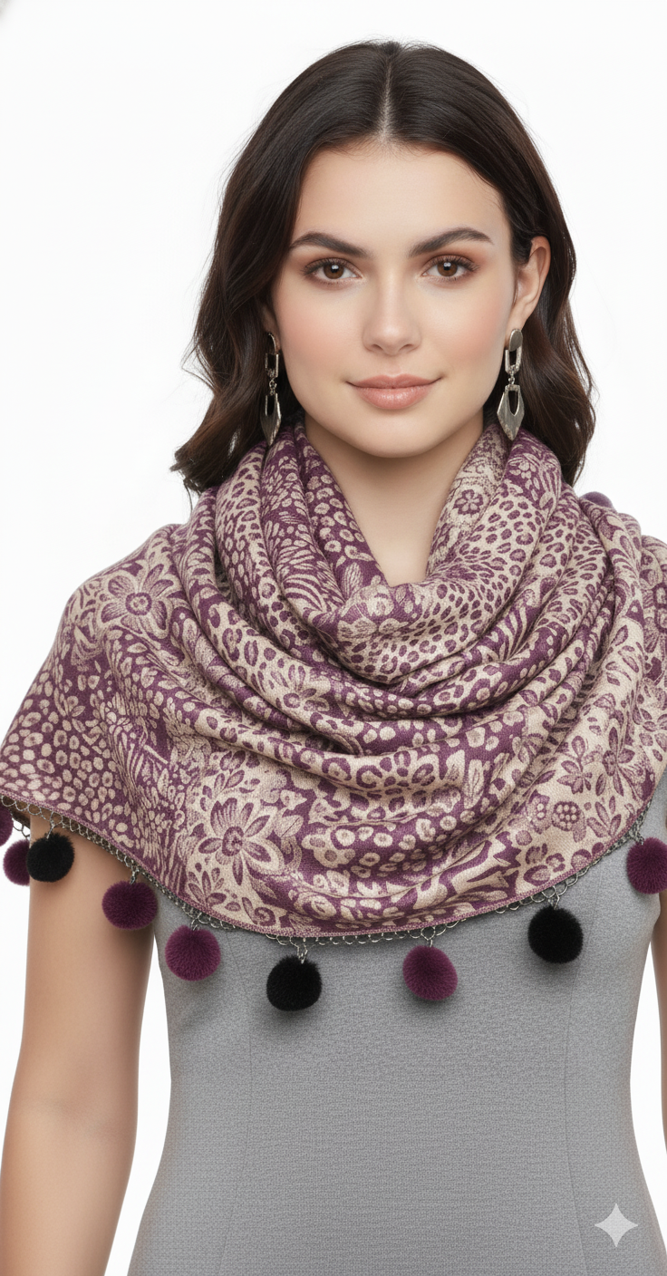 Retro Floral Animal Print Pashmina with Faux Fur Poms