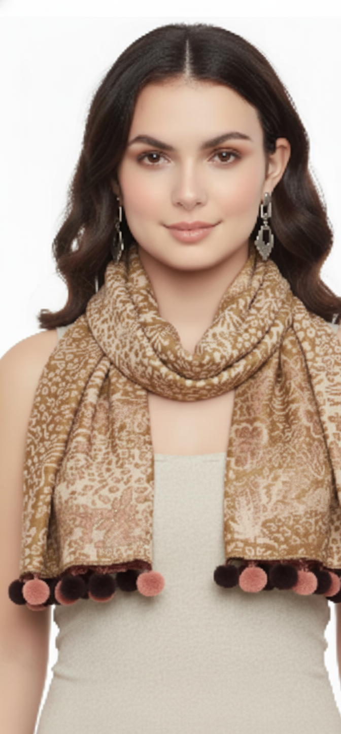 Retro Floral Animal Print Pashmina with Faux Fur Poms