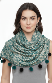 Retro Floral Animal Print Pashmina with Faux Fur Poms