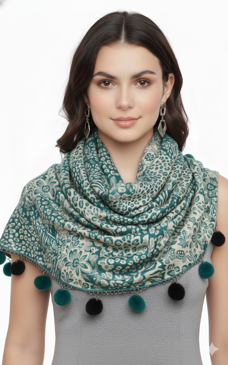 Retro Floral Animal Print Pashmina with Faux Fur Poms