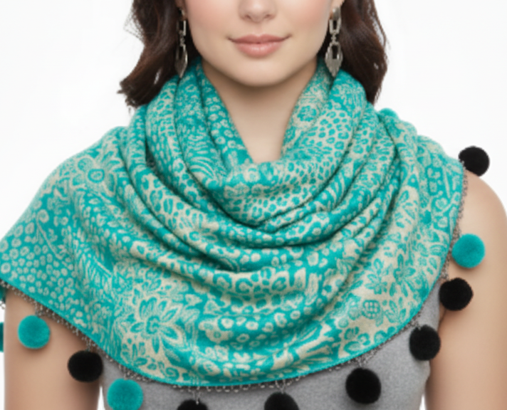 Retro Floral Animal Print Pashmina with Faux Fur Poms