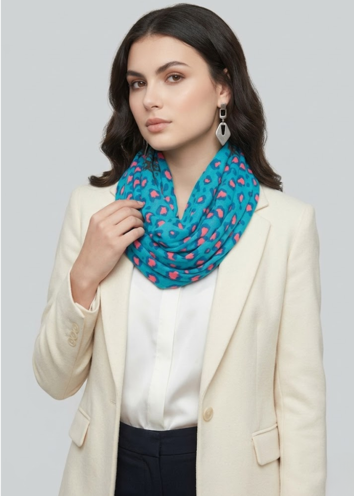 Lightweight infinity loop scarf featuring a bold turquoise and pink neon animal print design for women