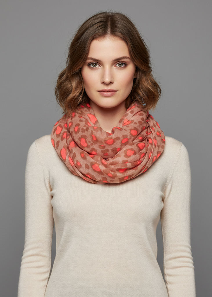 Retro peach and pink animal print infinity loop scarf for women