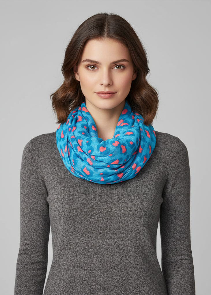 Vibrant turquoise and pink infinity scarf featuring a retro animal print pattern for stylish women