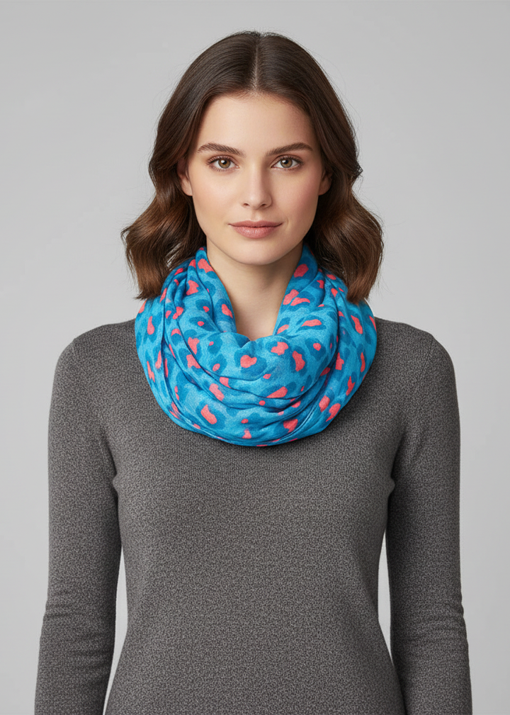 Vibrant turquoise and pink infinity scarf featuring a retro animal print pattern for stylish women