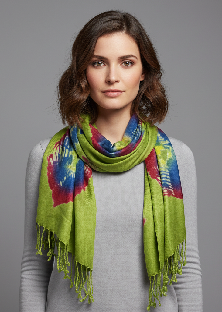Vintage-style tie-dye pashmina shawl with decorative fringe detail