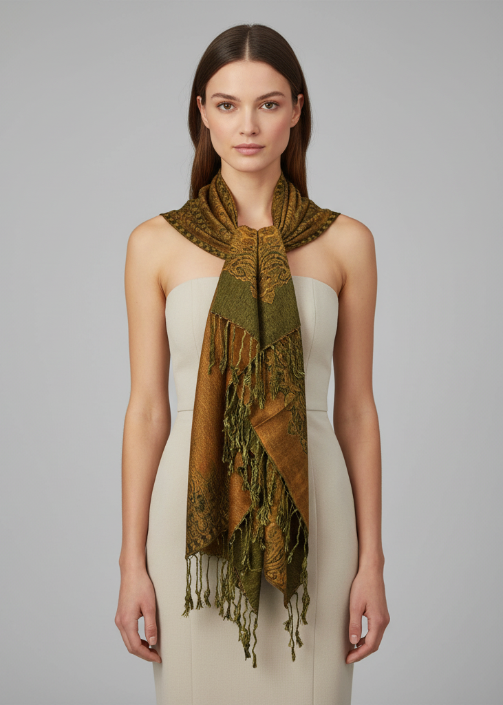 Elegant reversible jacquard paisley pashmina shawl with intricate patterns and fringe detail.