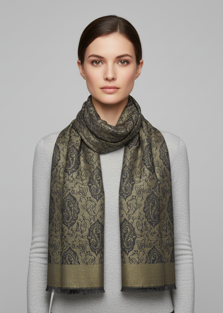 Reversible metallic pashmina shawl with an intricate paisley pattern and elegant fringe edges.