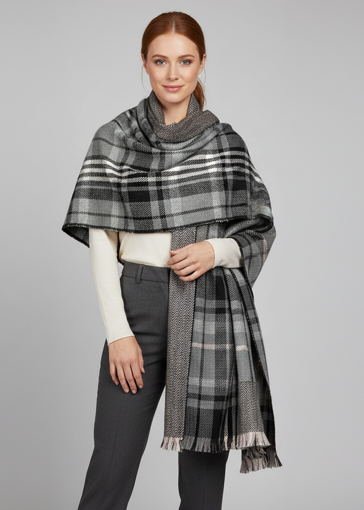 Grey black reversible oversized plaid tartan herringbone woven blanket scarf wrap with fringe edges