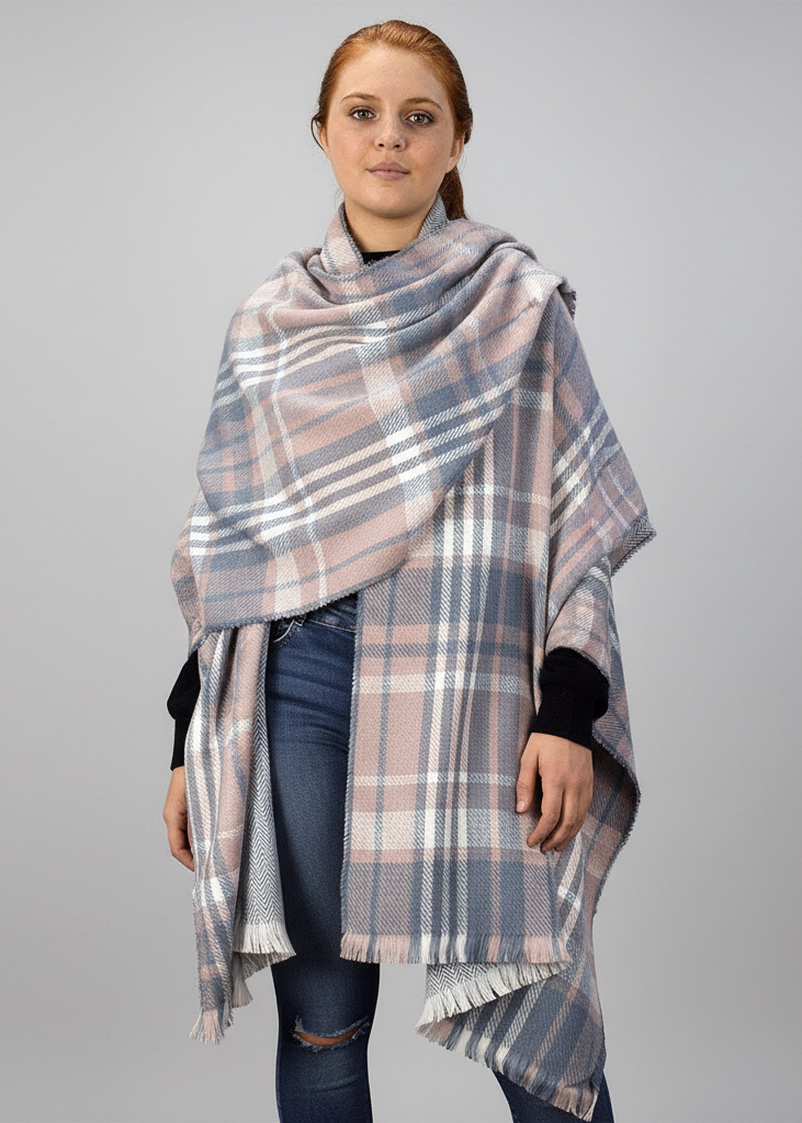 Reversible oversized pink and grey plaid tartan herringbone blanket scarf with fringe edges