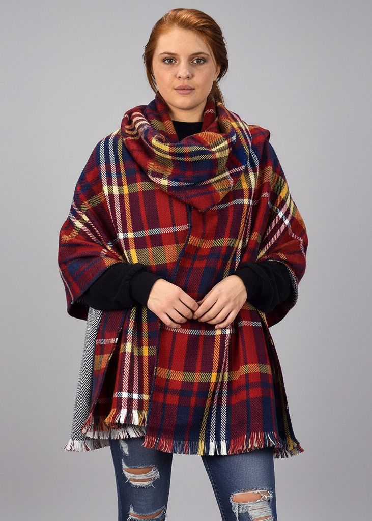 Red and navy reversible oversized plaid tartan herringbone blanket scarf with fringe edges