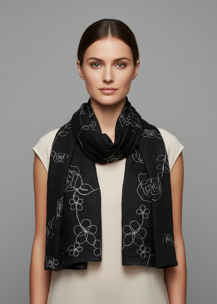 Sheer soft cloth summer shawl scarf in black and peach featuring rose floral embroidery and wrap style.