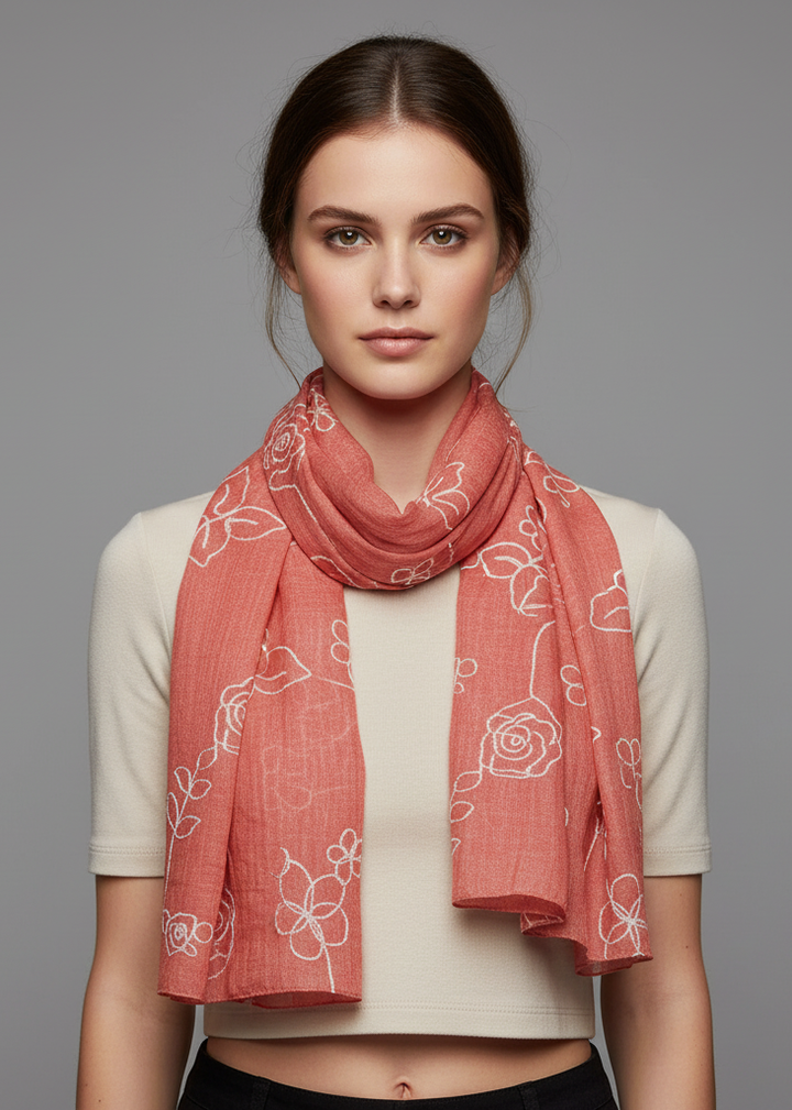 Rose coral peach sheer soft cloth shawl scarf featuring floral embroidery and fringe edges