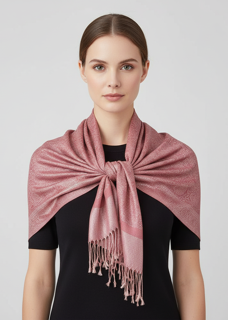 Elegant rose pink pashmina shawl with a vintage jacquard paisley pattern and tassel fringe.
