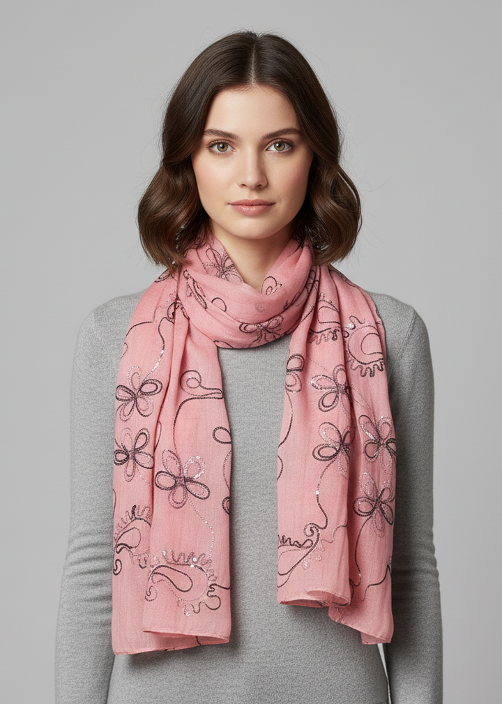 Sheer rose pink summer fashion scarf with floral blossom embroidery and wrap shawl style