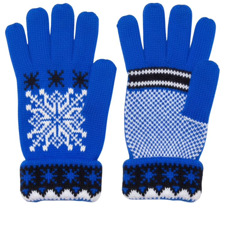 Fair Isle Snowflake Plush Fleece Lined Double Layer Winter Gloves – Warm Soft Knit Cold Weather Accessory