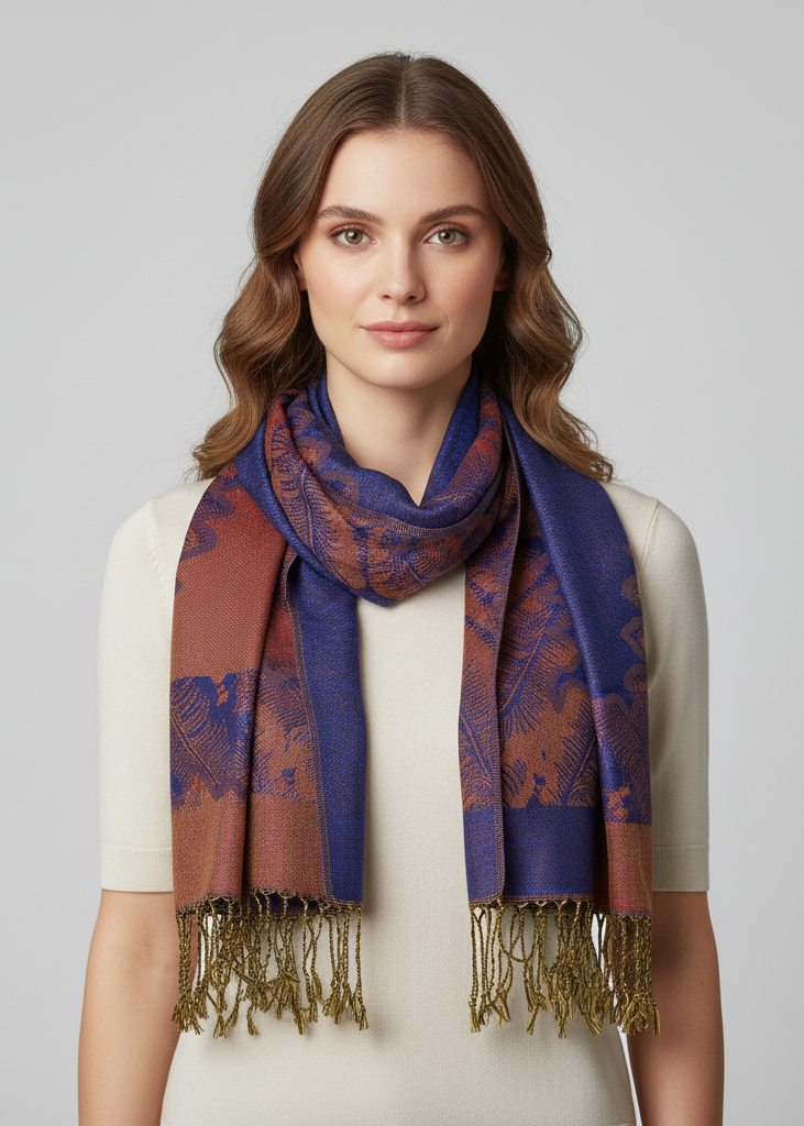 Reversible royal blue and rust jacquard paisley pashmina shawl wrap for women.