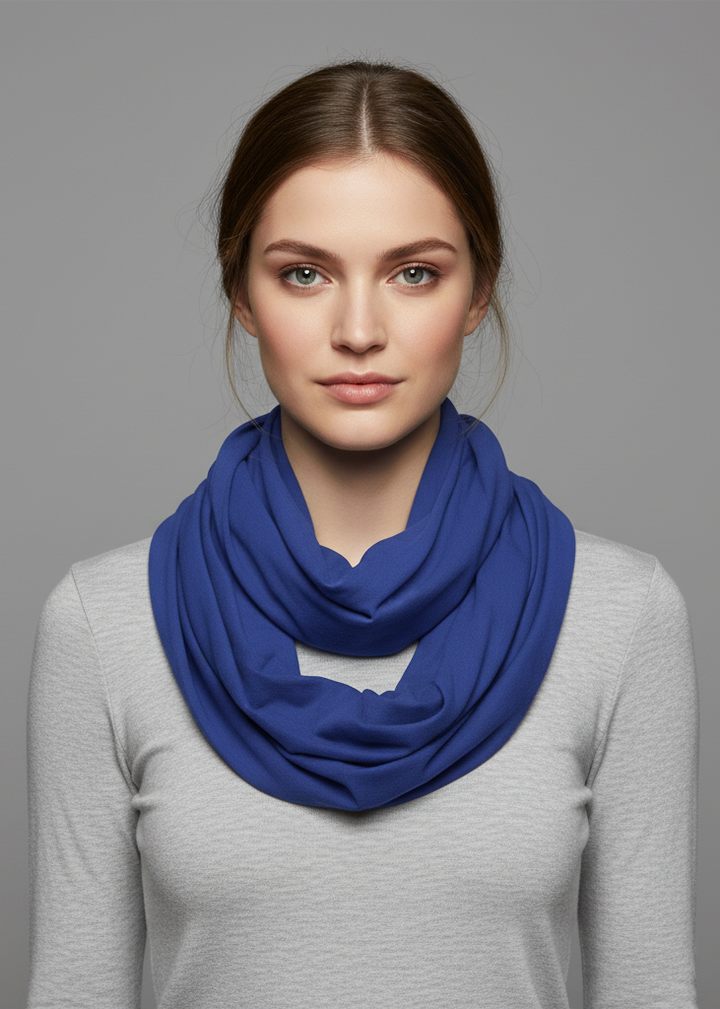 Royal blue jersey woven cotton infinity loop scarf for all seasons fashion and comfort.