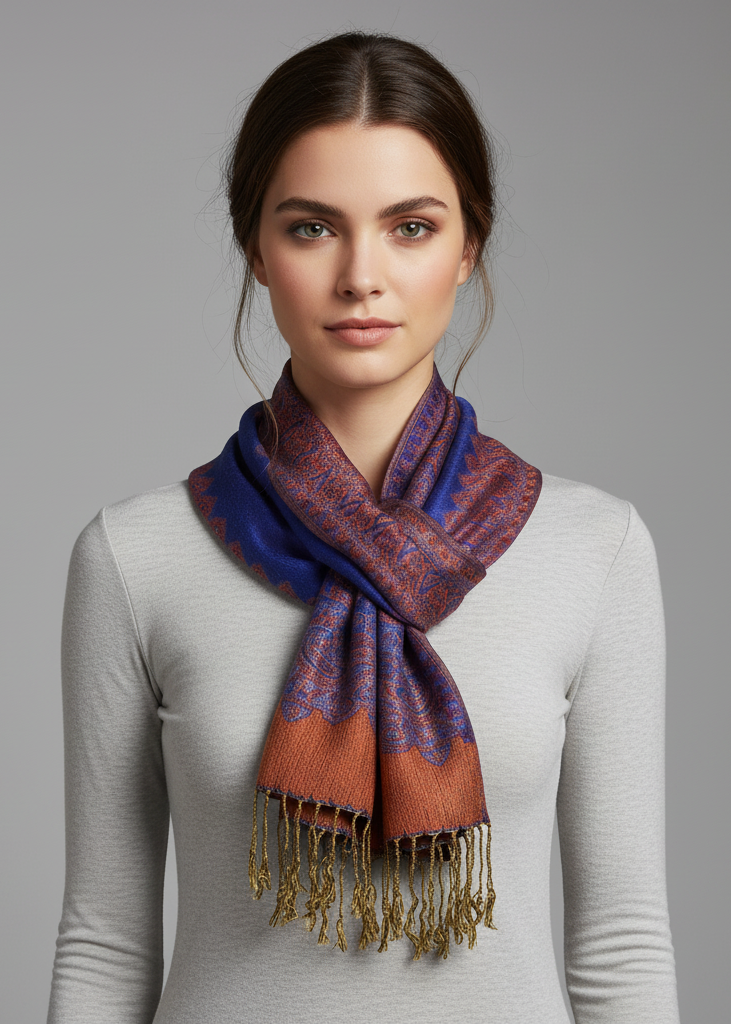 Royal blue reversible jacquard paisley pashmina shawl wrap for women.