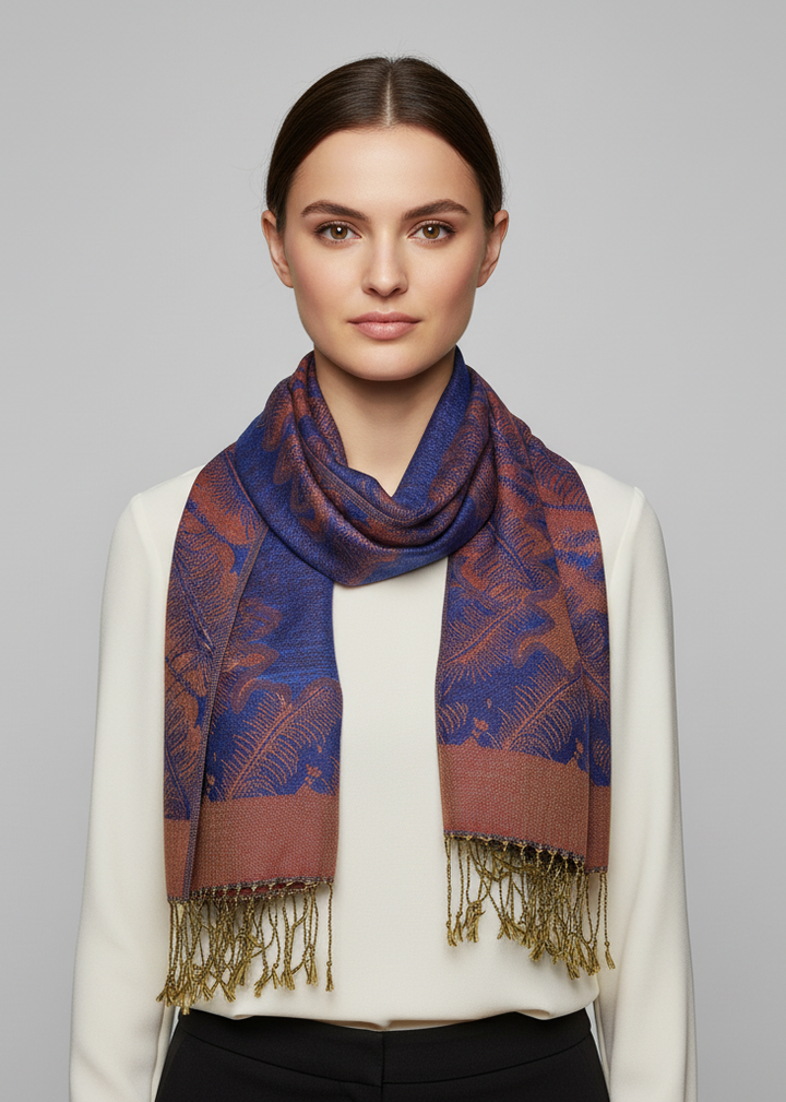 Reversible royal blue, rust, and peach jacquard paisley shawl pashmina wrap for women.
