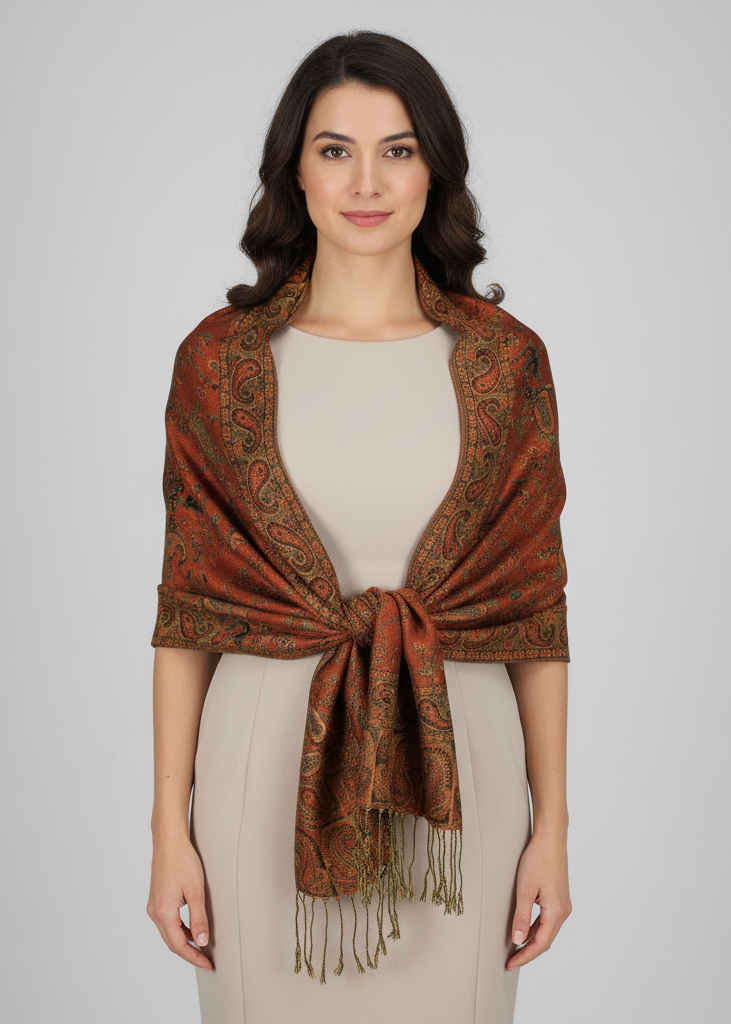 Double-layered reversible pashmina shawl featuring an intricate rust and peach paisley pattern with delicate fringe edges.