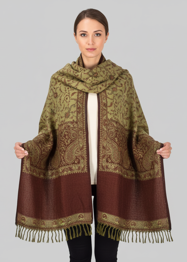 Rust thick 4-ply reversible paisley pashmina shawl with intricate patterns and soft texture.