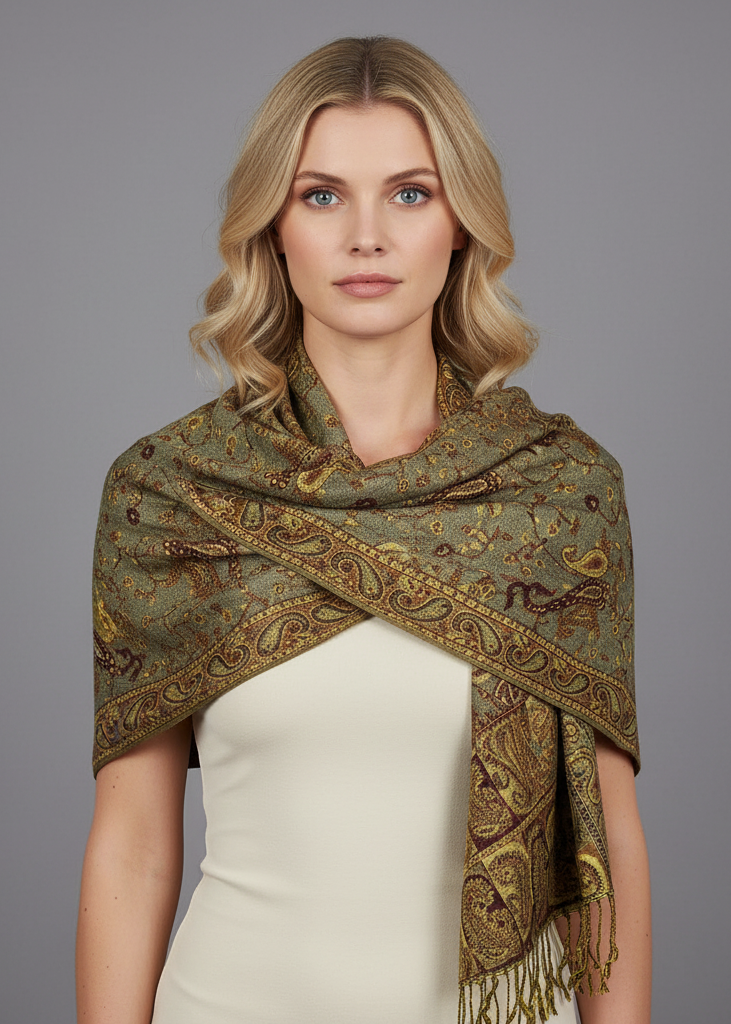 Elegant reversible paisley pashmina shawl in sage and peach with a double-layer design and fringed edges.