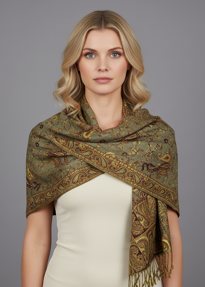 Elegant reversible paisley pashmina shawl in sage and peach with a double-layer design and fringed edges.
