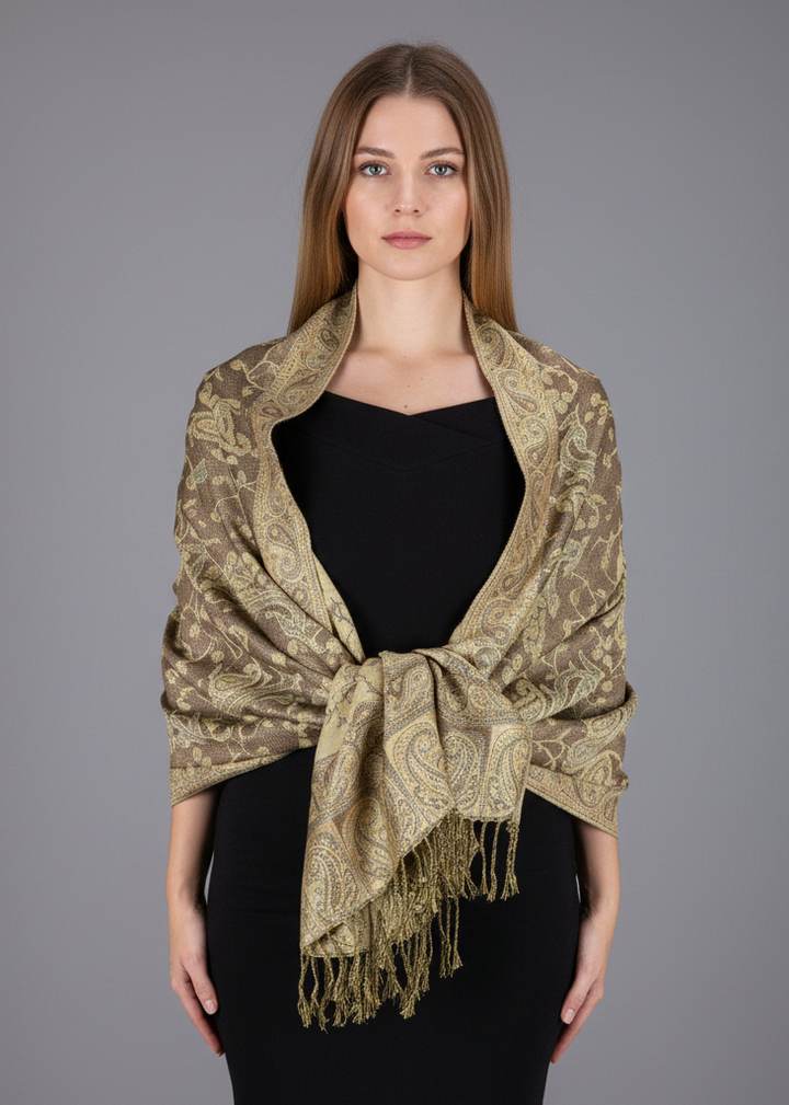 Elegant double layer reversible paisley pashmina shawl wrap scarf in sage and black.