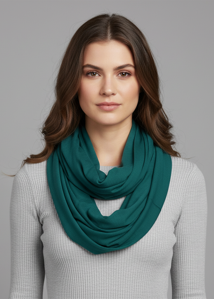 Sea green cotton infinity loop scarf for all seasons jersey woven neck wrap winter fashion accessory.