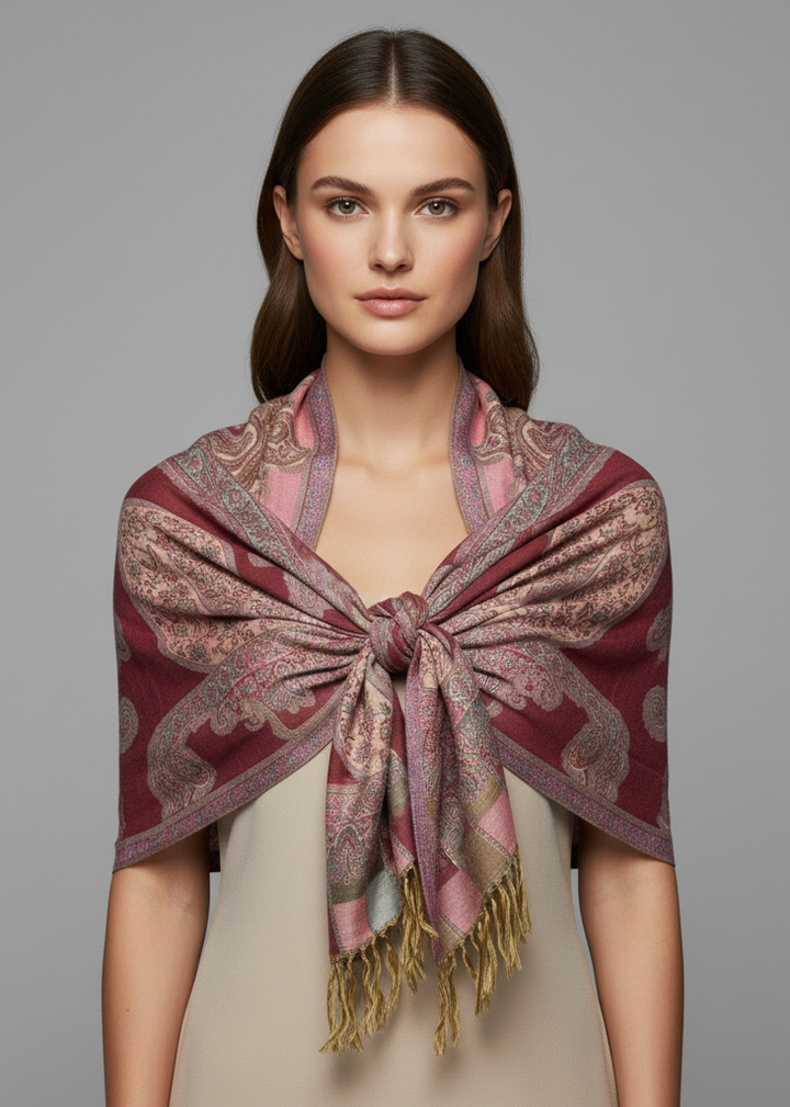Handmade sheer wool pashmina shawl in pink and tan featuring an intricate paisley damask pattern with fringed edges.