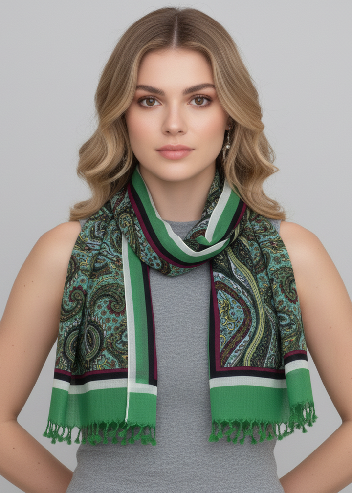Sheer skinny summer scarf with an intricate paisley pattern and frayed edges