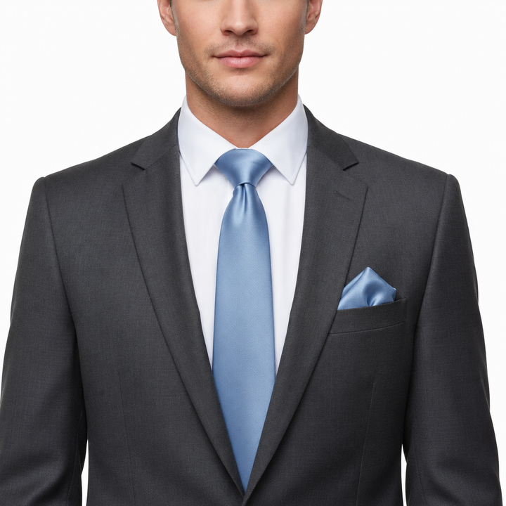 Solid Baby Blue Necktie Set with Cufflinks and Pocket Square