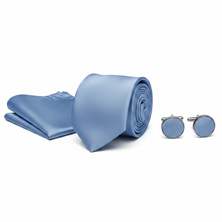 Solid Baby Blue Necktie Set with Cufflinks and Pocket Square