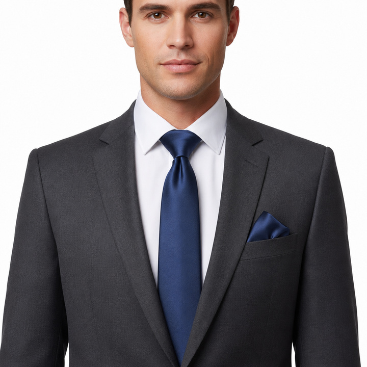 Solid Blue Necktie Set with Cufflinks and Pocket Square