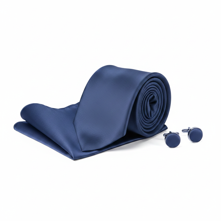 Solid Blue Necktie Set with Cufflinks and Pocket Square