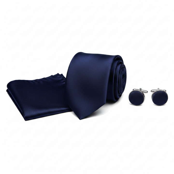 Solid Navy Necktie Set with Cufflinks and Pocket Square
