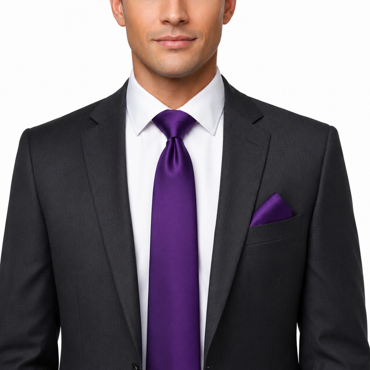 Solid Purple Men's Necktie Set with Cufflinks and Pocket Square
