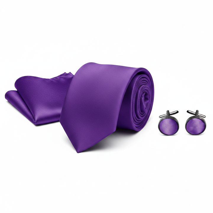 Solid Purple Men's Necktie Set with Cufflinks and Pocket Square