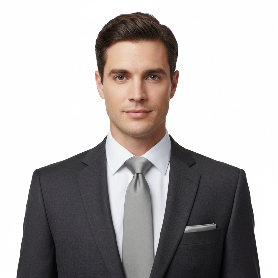 Solid Silver Necktie Set with Matching Cufflinks and Pocket Square
