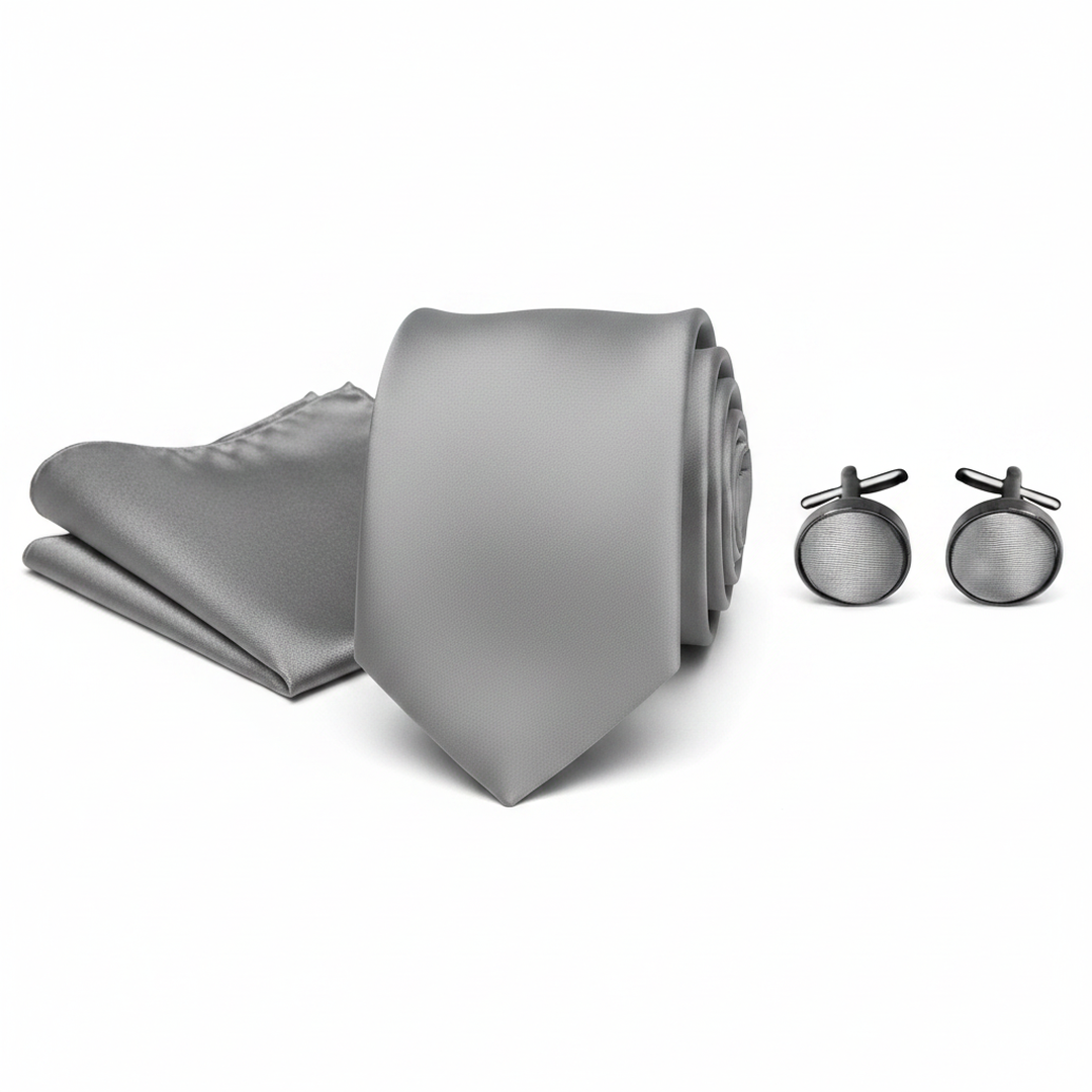 Solid Silver Necktie Set with Matching Cufflinks and Pocket Square