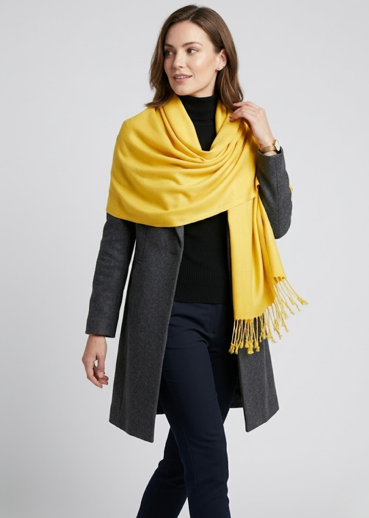 Yellow pashmina shawl for women lightweight vibrant scarf wrap for elegant wedding and festive party occasions.
