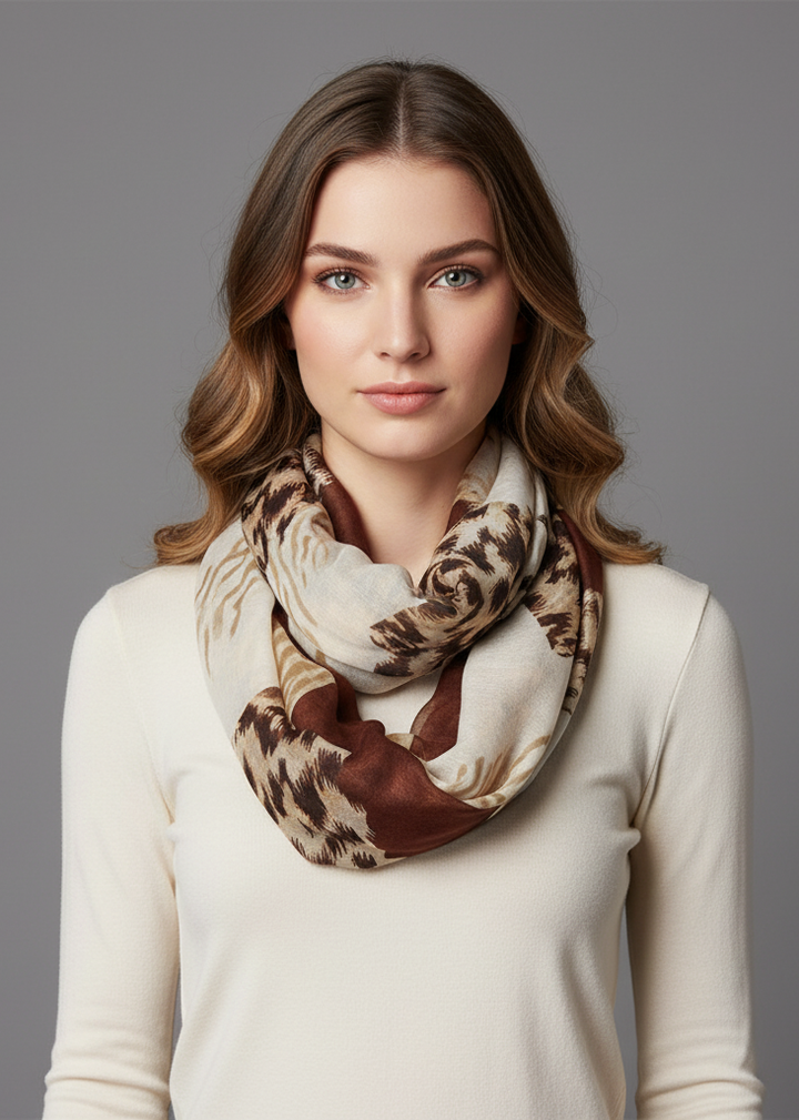 Stylish brown and tan infinity loop scarf featuring a mix of animal print and wide chevron patterns.