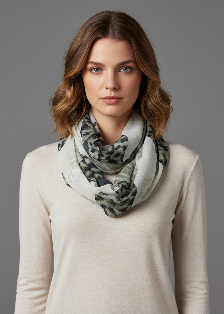 Grey infinity loop scarf for women featuring a mixed animal print and wide chevron zigzag design.