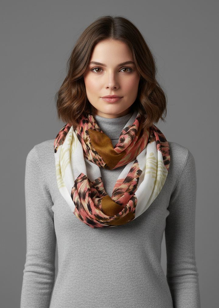 Wide chevron design infinity loop scarf featuring mixed animal print in pink and brown tones