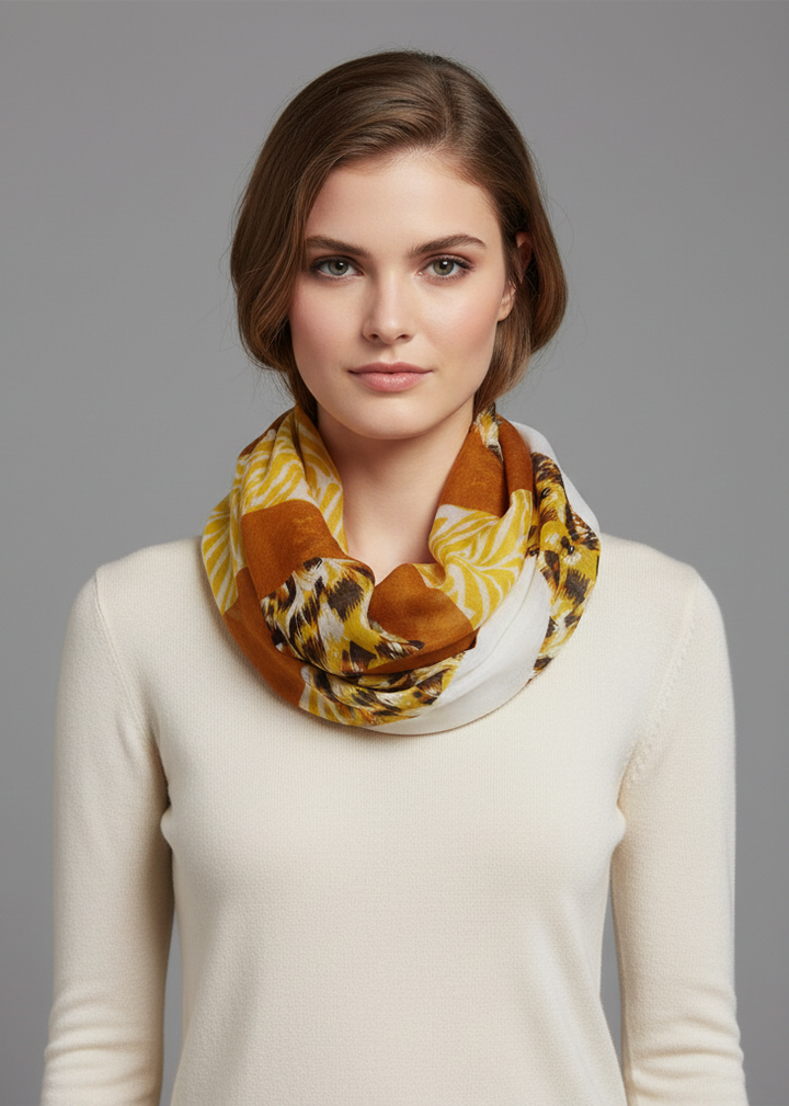 Yellow and brown mixed animal print infinity loop scarf with a wide chevron design for spring fashion.