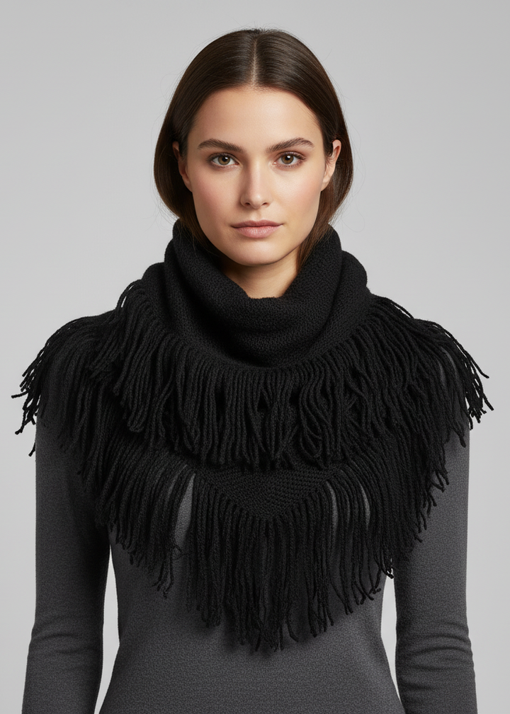Stunning winter chevron zig zag design fringe infinity loop scarf with soft crochet knit texture.