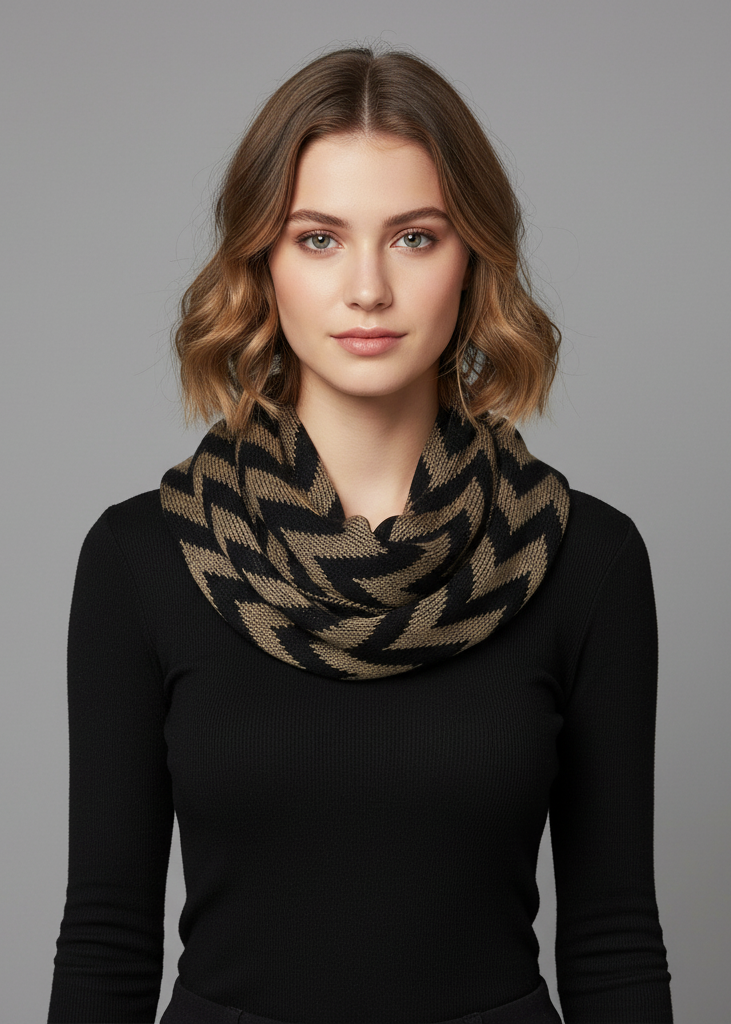 Soft knit chevron zigzag infinity loop scarf in a warm stylish winter design.