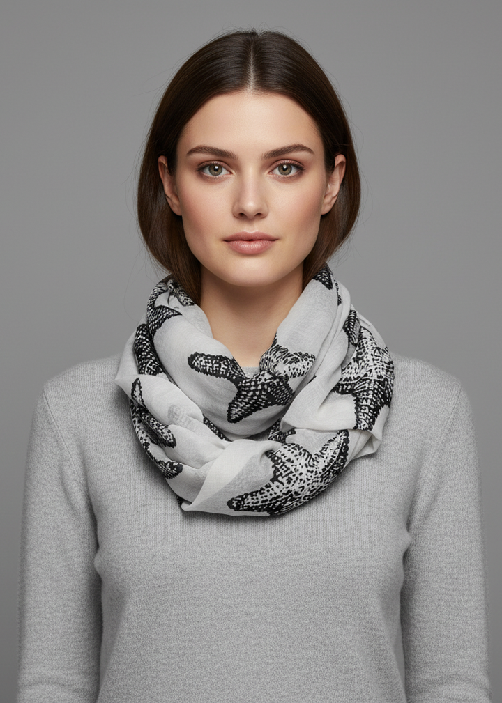 Summer fashion starfish print infinity loop scarf in lightweight breathable white viscose for boho beach style.
